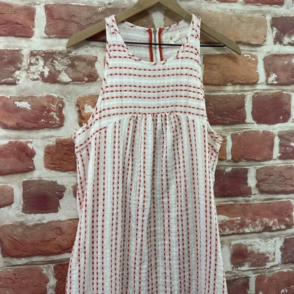 Lou & Grey Dress Womens Large White Red Diamond Striped Embroidered Gauzy Zip Up - Picture 3 of 8